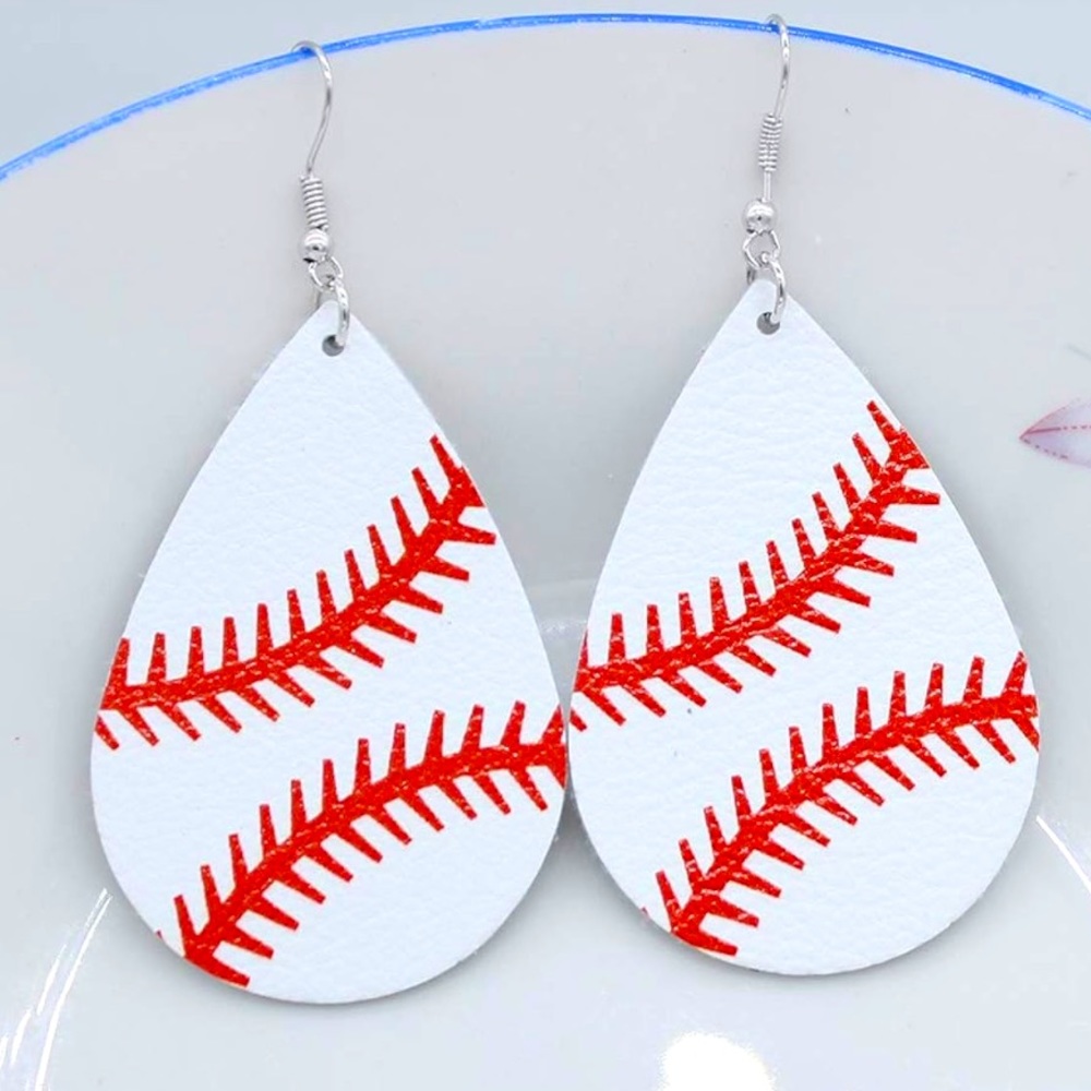 Faux Leather Baseball Drop Earings